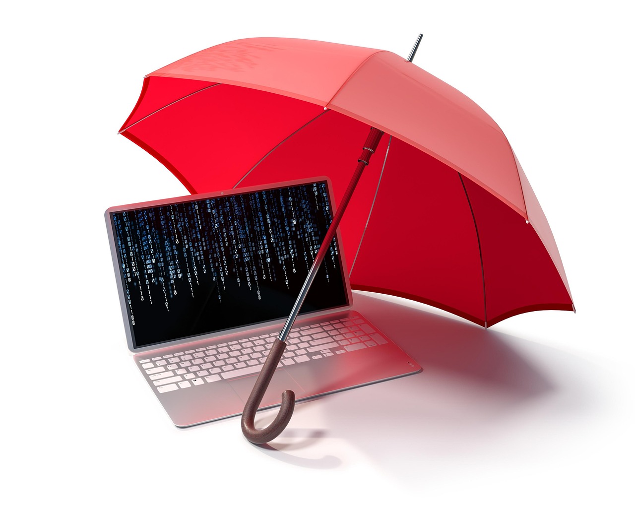 A laptop under a protective umbrella, representing system defense